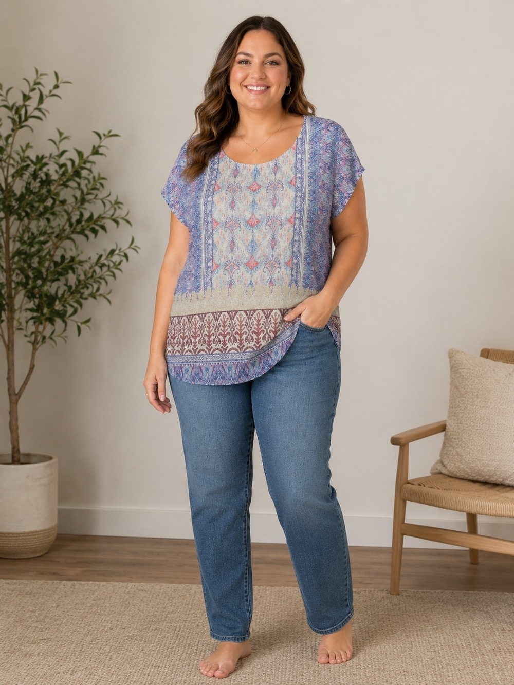 Astrologie Bohemian Festival Top Large Blue Pink Mixed Print Blouse
